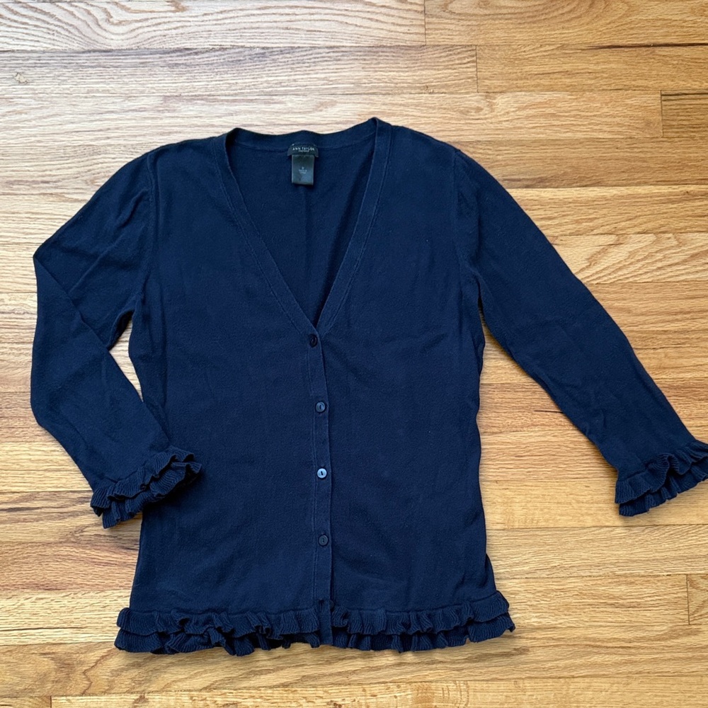 Ann Taylor Navy Ruffle Cardigan Medium